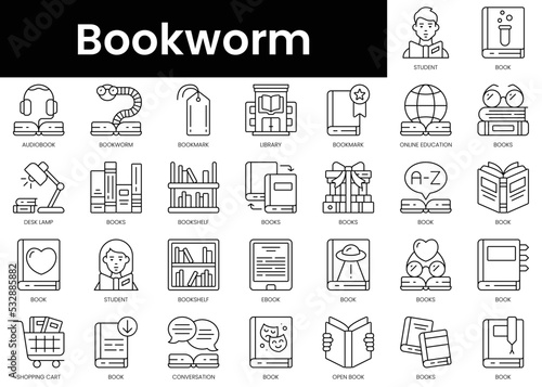 Set of outline bookworm icons. Minimalist thin linear web icon set. vector illustration.