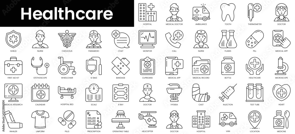 Set of outline healthcare icons. Minimalist thin linear web icon set. vector illustration.