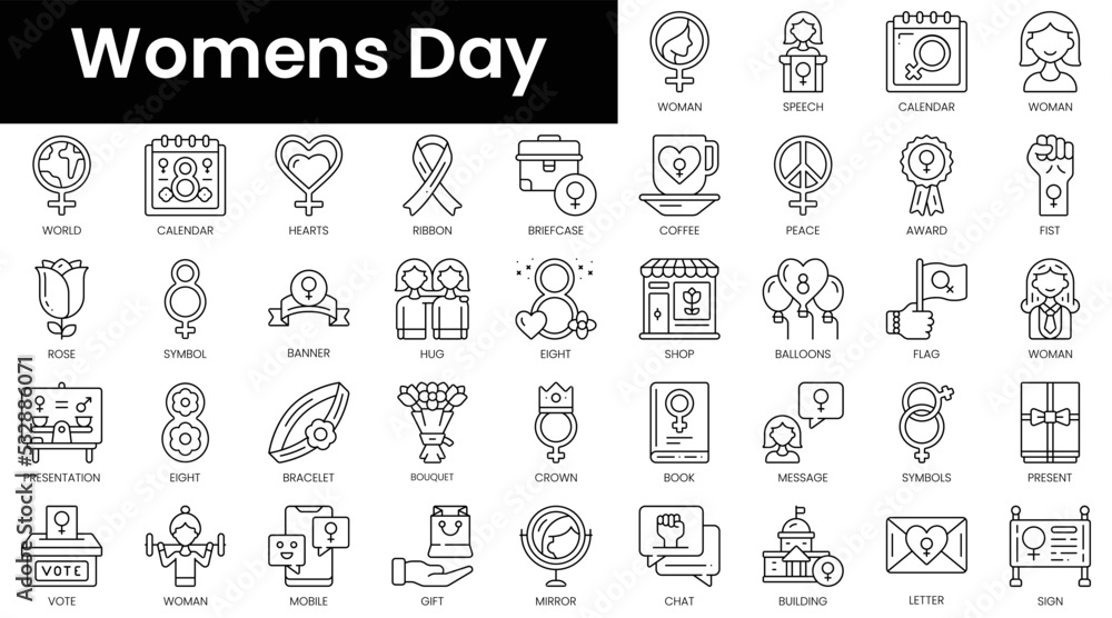 Set of outline womens day icons. Minimalist thin linear web icon set. vector illustration.