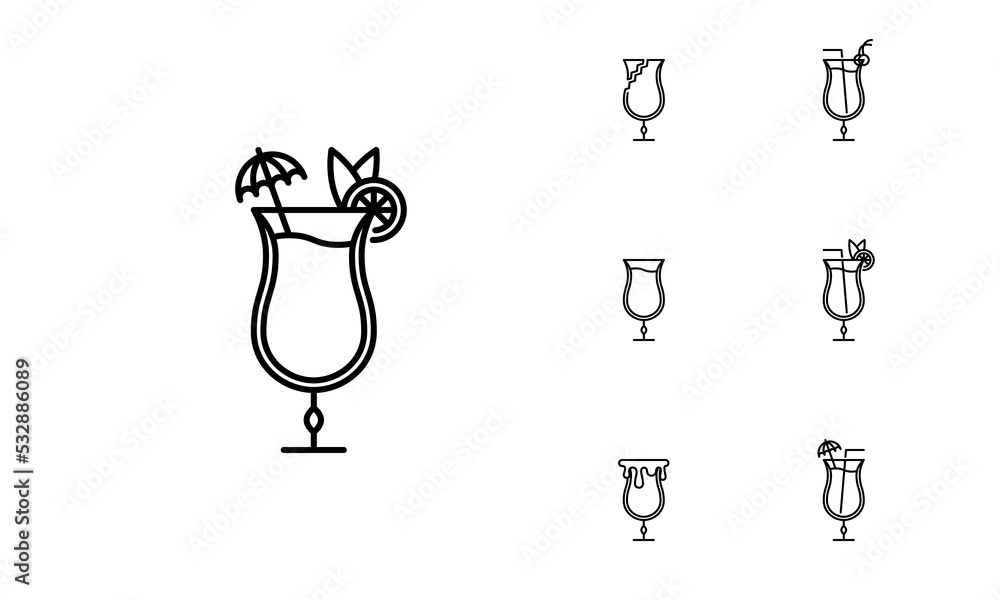 seven sets of hurricane glass line icons. with a straw, lemon, cherry