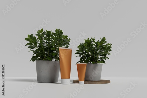 Mockup Natural Cosmetic tube with plant object on white background