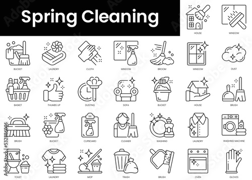 Set of outline spring cleaning icons. Minimalist thin linear web icon set. vector illustration.
