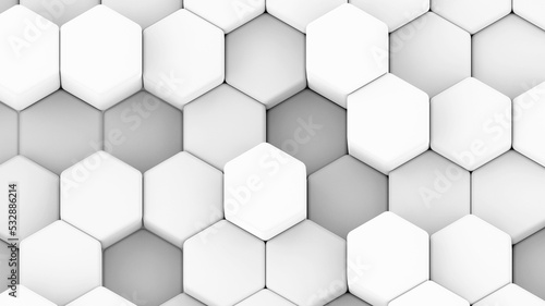 Abstract 3D geometric background, white grey hexagons shapes, 3D honeycomb pattern render illustration. © Cobalt