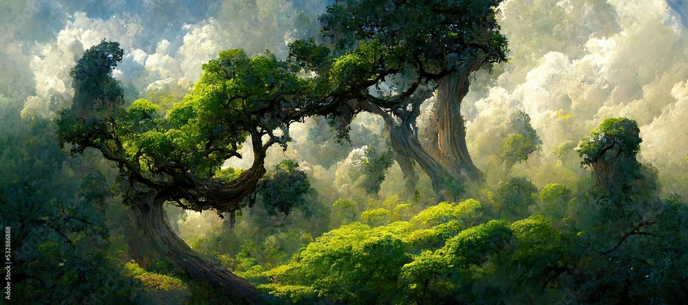 Lush green fairytale forest, majestic ancient oak trees - pristine enchanting woods. Secluded grove full of mystical magical energy. Beautiful fantasy watercolor stylized backdrop.  - obrazy, fototapety, plakaty 