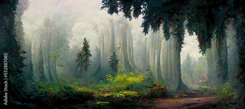 Lush green fairytale forest  majestic ancient pine trees - pristine enchanting woods. Secluded grove full of mystical magical energy. Beautiful fantasy watercolor stylized backdrop. 