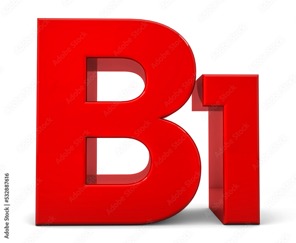 Vitamin B1 3d in red isolated on white background. Vitamin B1 icon. Natural sources of Vitamin concept. 3D rendering Vitamin B1 3d in red isolated on white background. Vitamin B1 icon. Natural sources of Vitamin concept. 3D rendering