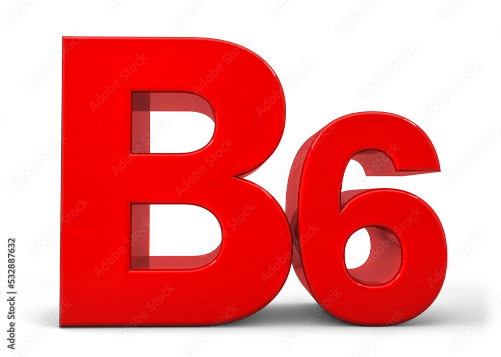 Vitamin B6 3d in red isolated on white background. Vitamin B6 icon. Natural sources of Vitamin concept. Good for brain, nervous system and immune system. 3D rendering Vitamin B6 3d in red isolated on white background. Vitamin B6 icon. Natural sources of Vitamin concept. Good for brain, nervous system and immune system. 3D rendering