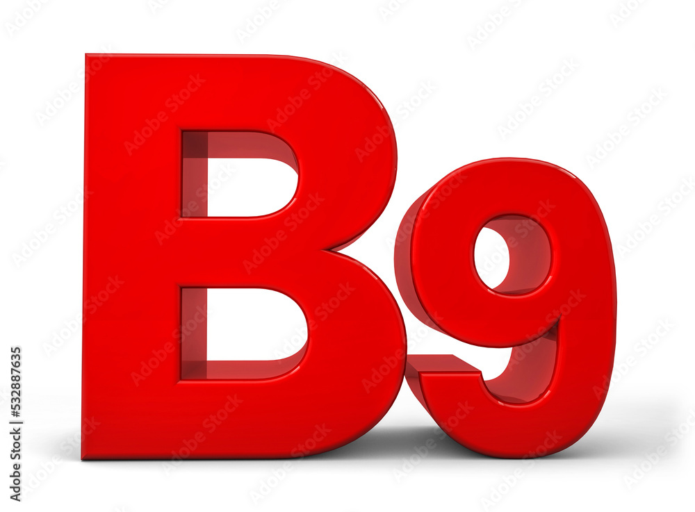 Vitamin B9 3d in red isolated on white background. Vitamin B9 icon. Vitamin B9 source of Folic acid. Natural sources of Vitamin concept. 3D rendering Vitamin B9 3d in red isolated on white background. Vitamin B9 icon. Vitamin B9 source of Folic acid. Natural sources of Vitamin concept. 3D rendering