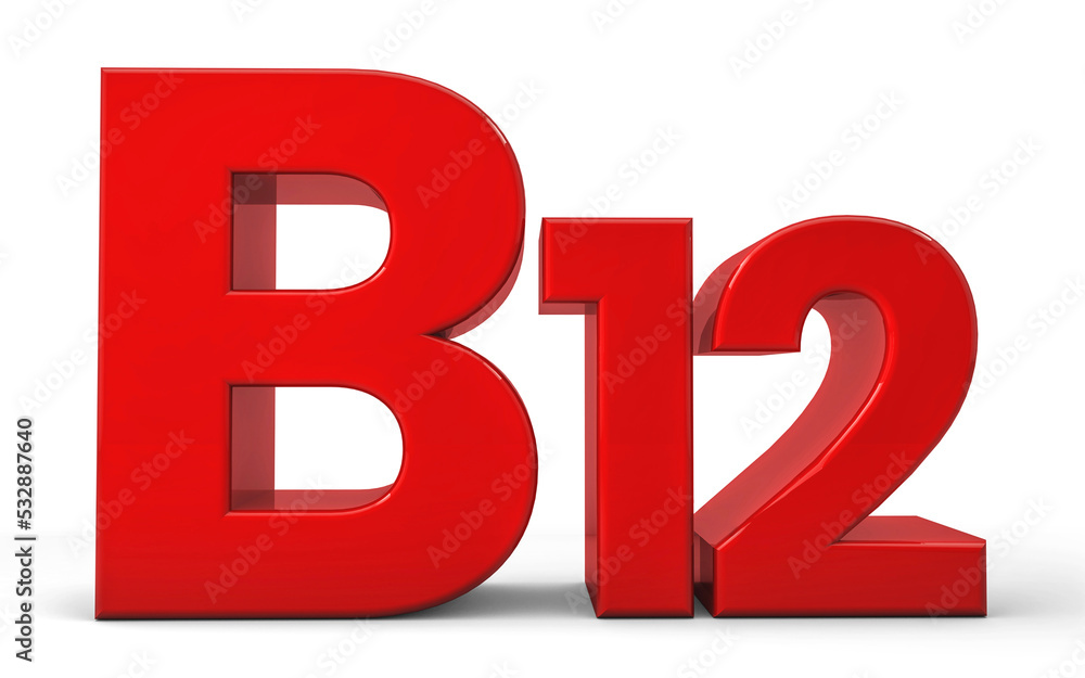 Vitamin B12 3d in red isolated on white background. Natural sources of Vitamin concept. Vitamin B12 icon. 3D rendering Vitamin B12 3d in red isolated on white background. Natural sources of Vitamin concept. Vitamin B12 icon. 3D rendering