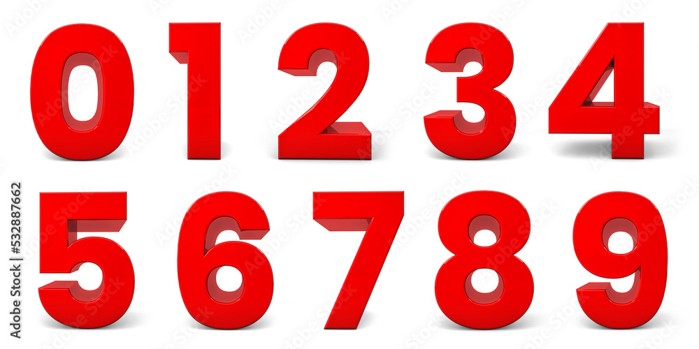Red Numbers isolated on white background. 3d numbers. 3d rendering Red Numbers isolated on white background. 3d numbers. 3d rendering
