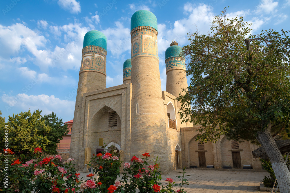 Old Chor-Minor madrasah on a sunny day. Bukhara, Uzbekistan