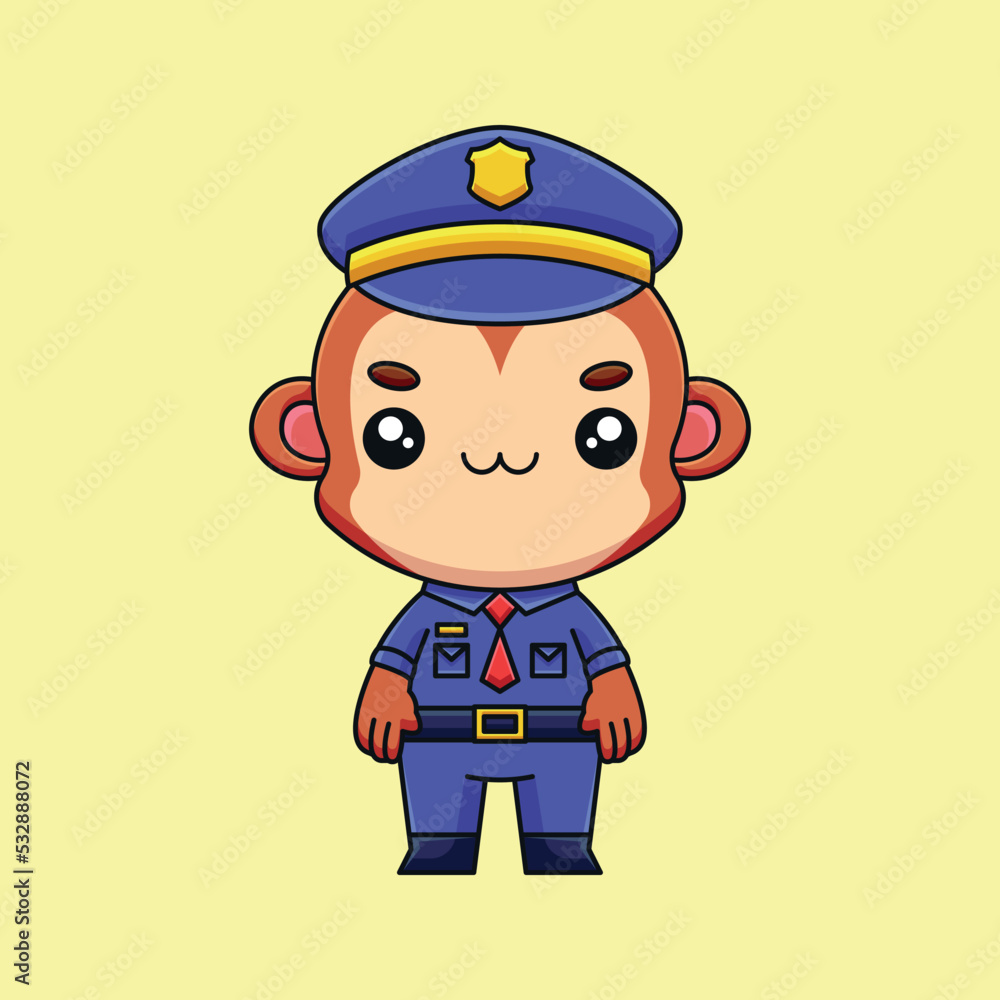 cute police monkey cartoon doodle art hand drawn concept vector kawaii icon illustration