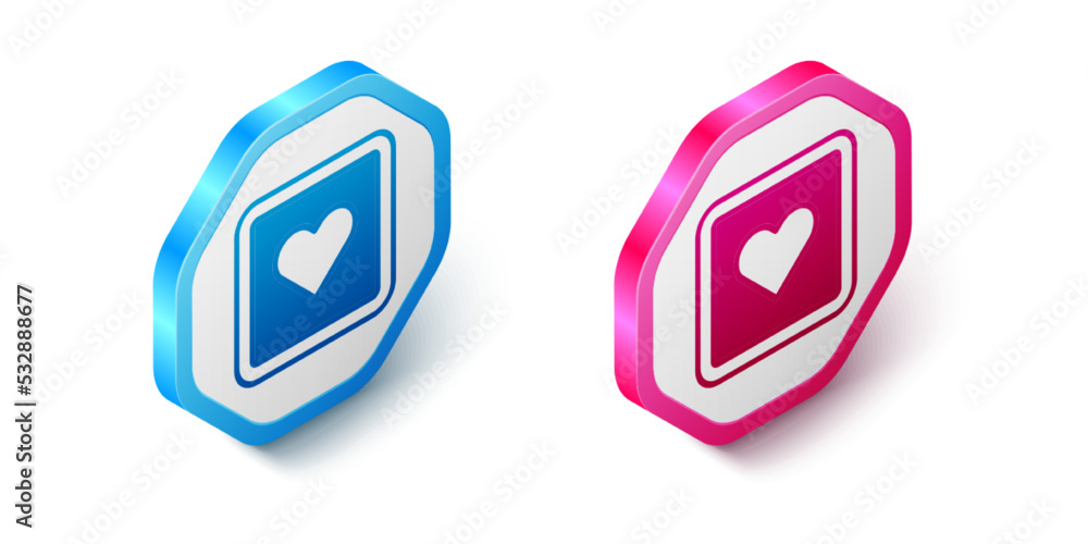Isometric Like heart icon isolated on white background. Counter Notification Icon. Follower Insta. Hexagon button. Vector Isometric Like heart icon isolated on white background. Counter Notification Icon. Follower Insta. Hexagon button. Vector