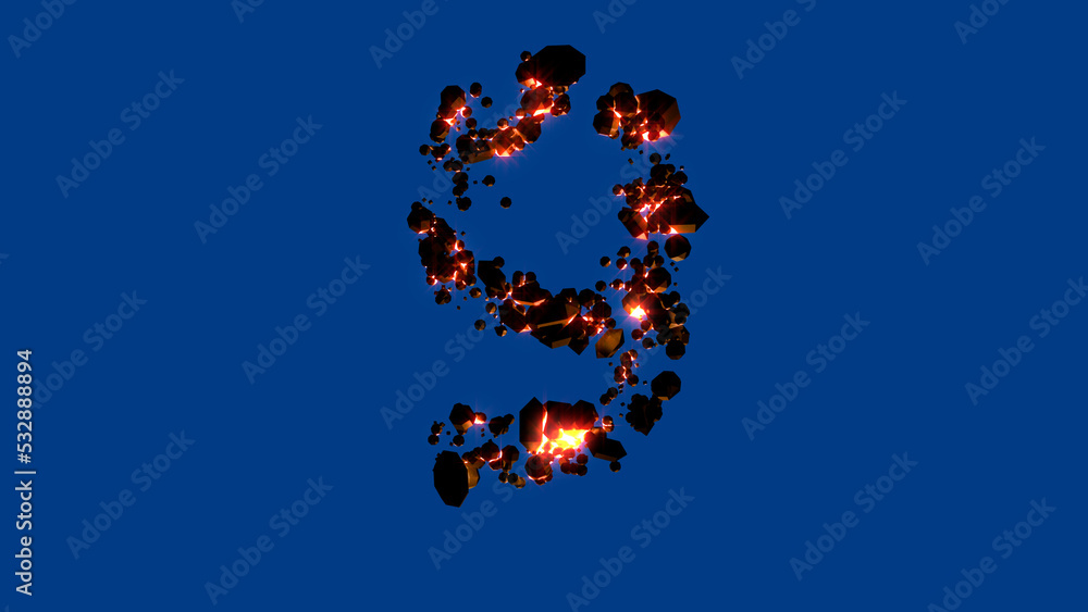 magmatic rocks font - lighting red number 9, isolated - object 3D rendering magmatic rocks font - lighting red number 9, isolated - object 3D rendering