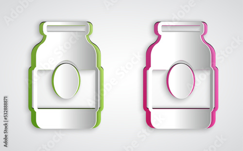 Paper cut Jam jar icon isolated on grey background. Paper art style. Vector