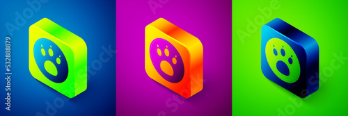 Isometric Paw search icon isolated on blue, purple and green background. Magnifying glass with animal footprints. Square button. Vector