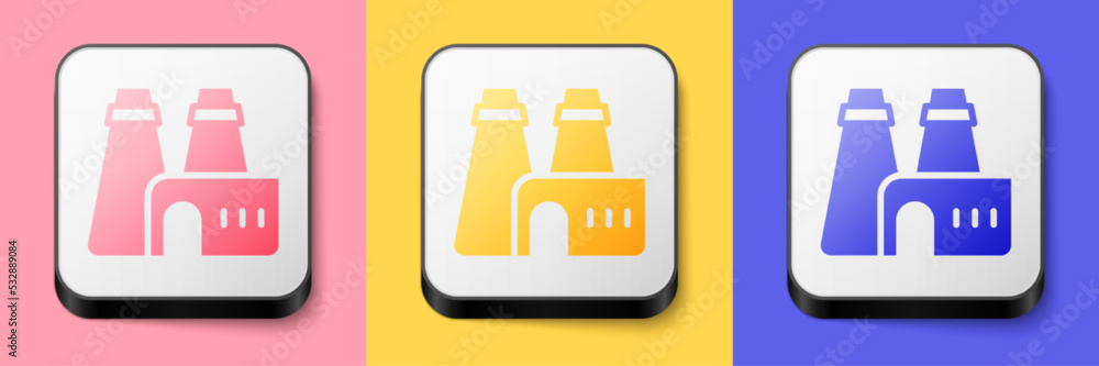 Isometric Factory production icon isolated on pink, yellow and blue background. Industrial building. Square button. Vector Isometric Factory production icon isolated on pink, yellow and blue background. Industrial building. Square button. Vector