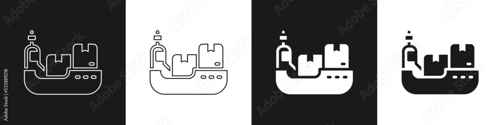 Set Cargo ship with boxes delivery service icon isolated on black and white background. Delivery, transportation. Freighter with parcels, boxes, goods. Vector Set Cargo ship with boxes delivery service icon isolated on black and white background. Delivery, transportation. Freighter with parcels, boxes, goods. Vector
