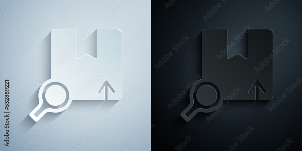 Paper cut Search package icon isolated on grey and black background. Parcel tracking symbol. Magnifying glass and cardboard box. Logistic and delivery. Paper art style. Vector Paper cut Search package icon isolated on grey and black background. Parcel tracking symbol. Magnifying glass and cardboard box. Logistic and delivery. Paper art style. Vector