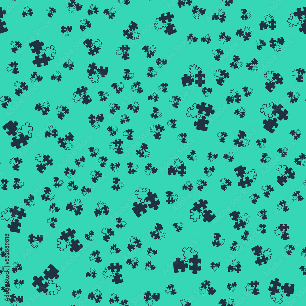 Black Puzzle pieces toy icon isolated seamless pattern on green background. Vector