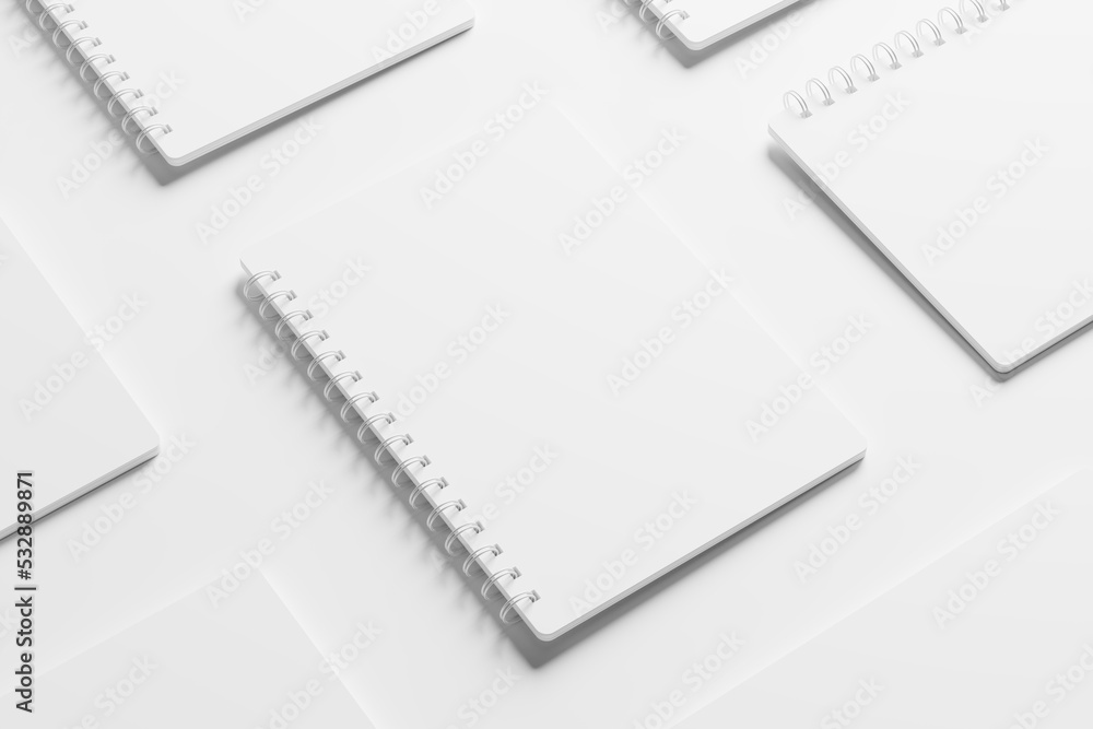 A4 A5 Rounded Corner Spiral Notebook 3D Rendering White Blank Mockup A4 A5 Rounded Corner Spiral Notebook 3D Rendering White Blank Mockup