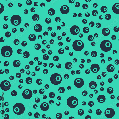 Black Billiard pool snooker ball with number 8 icon isolated seamless pattern on green background. Vector