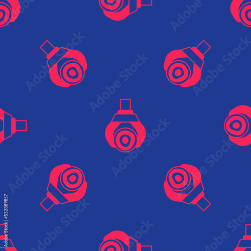 Red Grapple crane grabbed a log icon isolated seamless pattern on blue background. Forest industry. Industrial crane for lumber trunk wood production. Vector