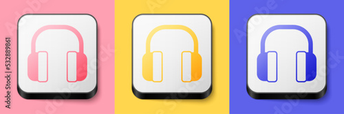 Isometric Noise canceling headphones icon isolated on pink, yellow and blue background. Headphones for ear protection from noise. Square button. Vector