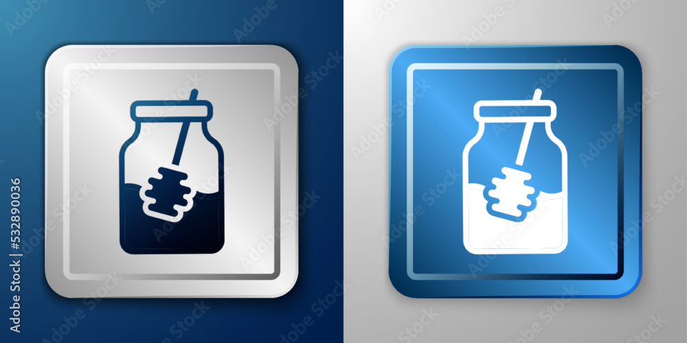 White Jar of honey and honey dipper stick icon isolated on blue and grey background. Food bank. Sweet natural food symbol. Honey ladle. Silver and blue square button. Vector White Jar of honey and honey dipper stick icon isolated on blue and grey background. Food bank. Sweet natural food symbol. Honey ladle. Silver and blue square button. Vector