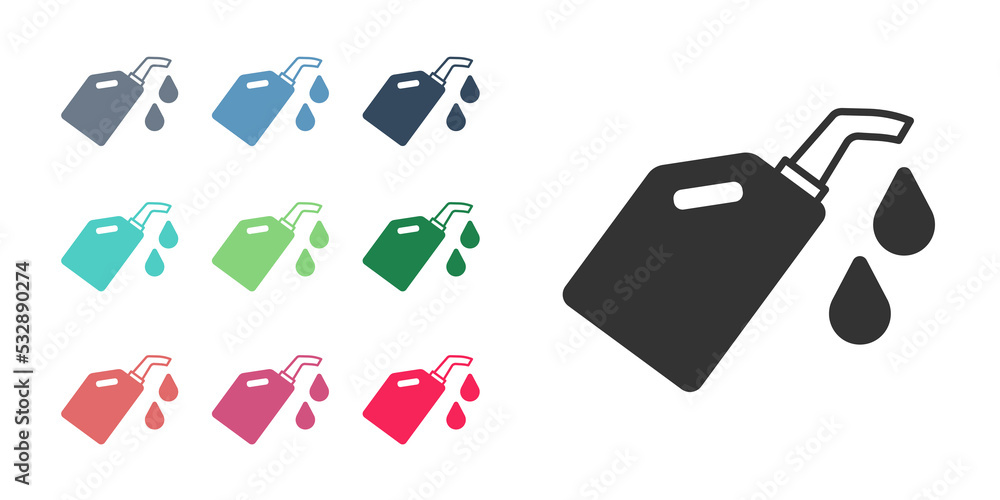 Obraz premium Black Canister for motor machine oil icon isolated on white background. Oil gallon. Oil change service and repair. Set icons colorful. Vector