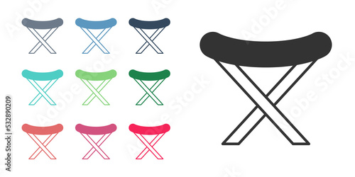 Black Camping portable folding chair icon isolated on white background. Rest and relax equipment. Fishing seat. Set icons colorful. Vector