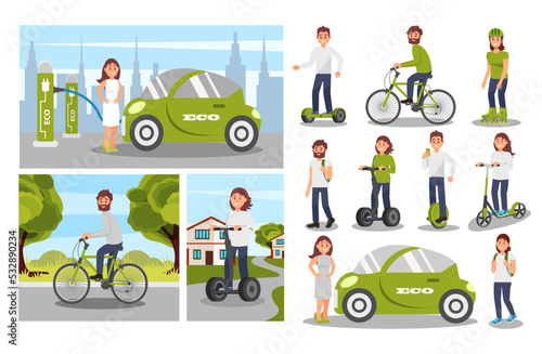 Eco Friendly People Character Protecting Environment Using Alternative Electric Transport Big Vector Set