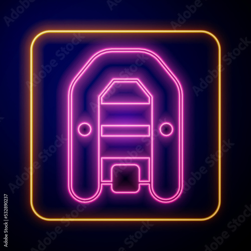 Glowing neon Inflatable boat with outboard motor icon isolated on black background. Vector