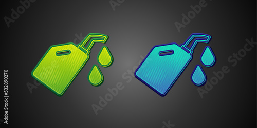 Green and blue Canister for motor machine oil icon isolated on black background. Oil gallon. Oil change service and repair. Vector