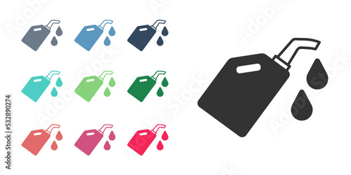 Black Canister for motor machine oil icon isolated on white background. Oil gallon. Oil change service and repair. Set icons colorful. Vector