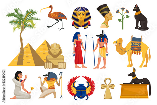 Ancient Egypt Symbols with Deity, Pyramid, Camel, Ankh and Scarab Beetle Big Vector Set