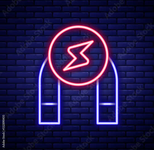 Glowing neon line Magnet icon isolated on brick wall background. Horseshoe magnet, magnetism, magnetize, attraction. Colorful outline concept. Vector