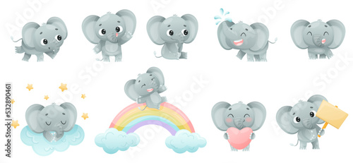 Funny Grey Elephant with Large Ear Flaps and Trunk Enjoying Different Activity Vector Set