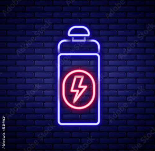 Glowing neon line Fitness shaker icon isolated on brick wall background. Sports shaker bottle with lid for water and protein cocktails. Colorful outline concept. Vector
