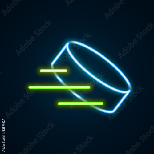 Glowing neon line Hockey puck icon isolated on black background. Colorful outline concept. Vector