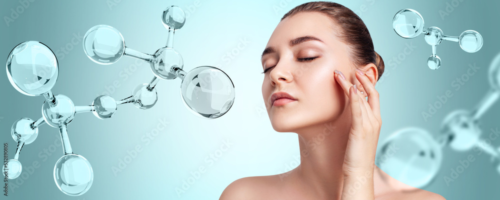 Glassy molecules structure near sensual woman face. Glassy molecules structure near sensual woman face.