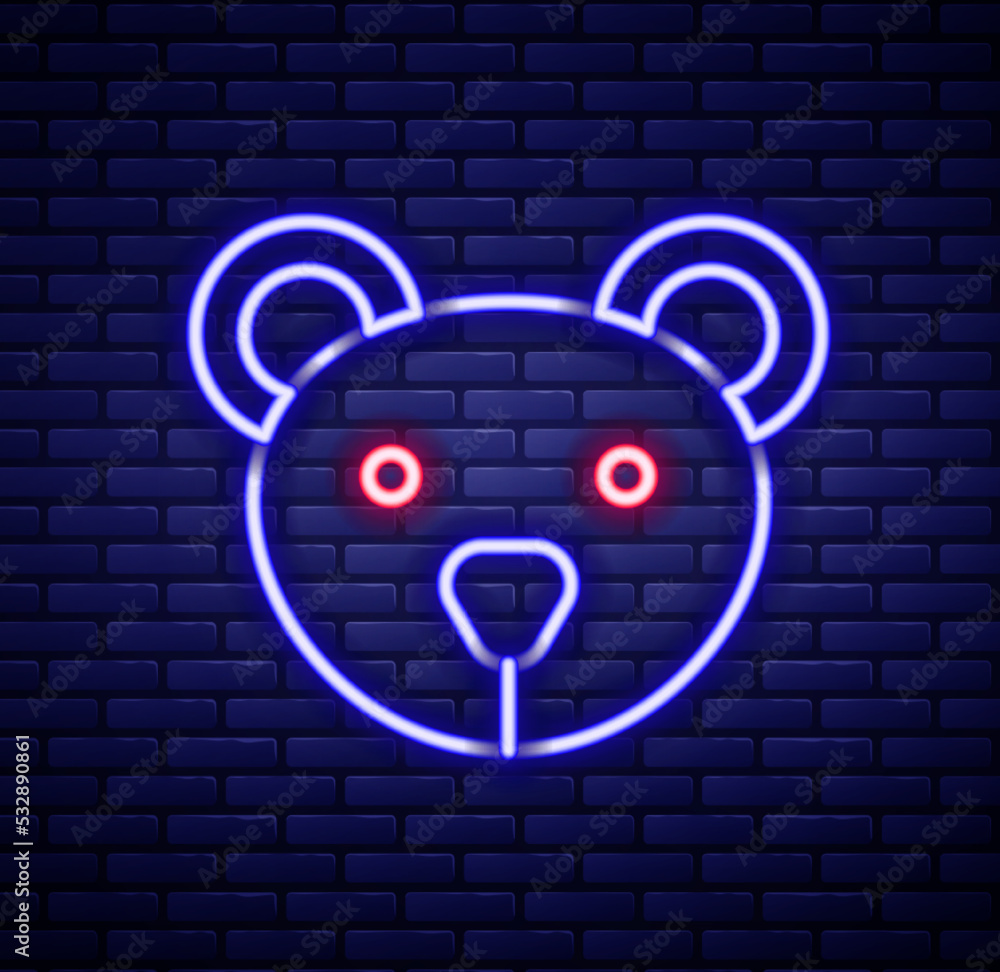 Glowing neon line Teddy bear plush toy icon isolated on brick wall background. Colorful outline concept. Vector Glowing neon line Teddy bear plush toy icon isolated on brick wall background. Colorful outline concept. Vector