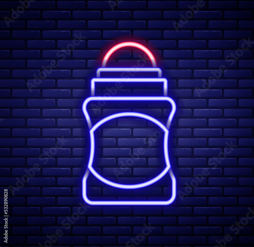 Glowing neon line Antiperspirant deodorant roll icon isolated on brick wall background. Cosmetic for body hygiene. Colorful outline concept. Vector