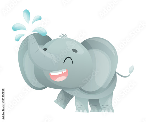 Funny Grey Elephant with Large Ear Flaps and Trunk Sprinkling Water Vector Illustration