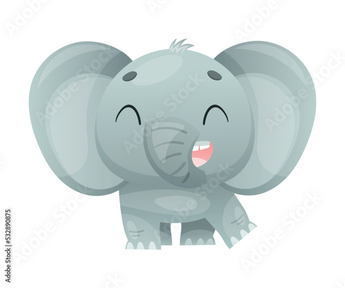 Funny Grey Elephant with Large Ear Flaps and Trunk Standing and Smiling Vector Illustration