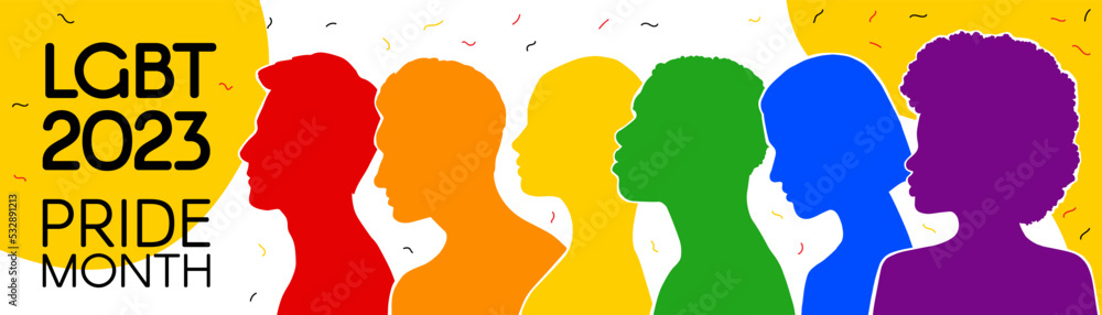 LGBT long banner. Silhouettes of diverse people painted in the colors of the rainbow. Pride Month. Place for text. Vector flat illustration.