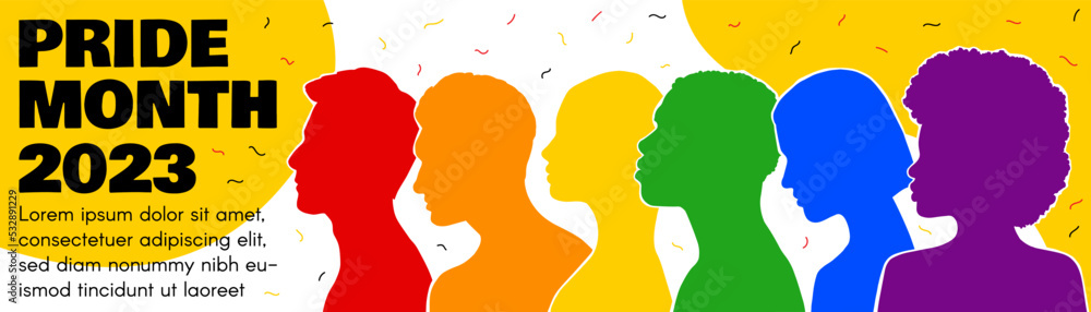 LGBT long banner 2023. Silhouettes of diverse people painted in the colors of the rainbow. Pride Month. Place for text. Vector flat illustration.