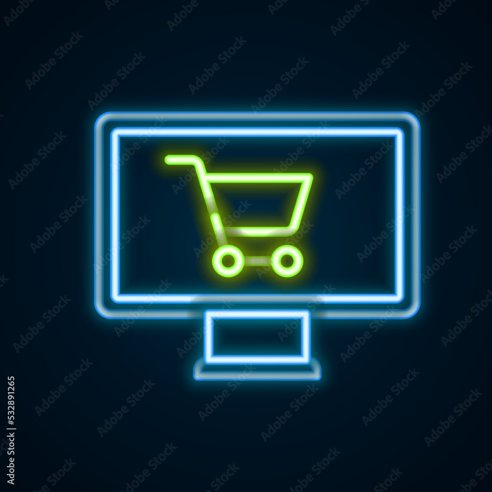 Glowing neon line Shopping cart on monitor icon isolated on black background. Concept e-commerce, e-business, online business marketing. Colorful outline concept. Vector
