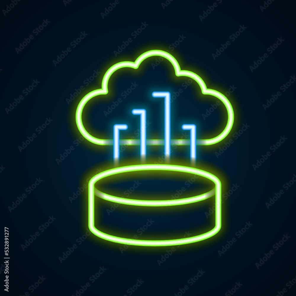 Glowing neon line Network cloud connection icon isolated on black background. Social technology. Cloud computing concept. Colorful outline concept. Vector Glowing neon line Network cloud connection icon isolated on black background. Social technology. Cloud computing concept. Colorful outline concept. Vector