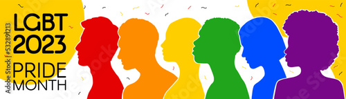 LGBT long banner. Silhouettes of diverse people painted in the colors of the rainbow. Pride Month. Place for text. Vector flat illustration.